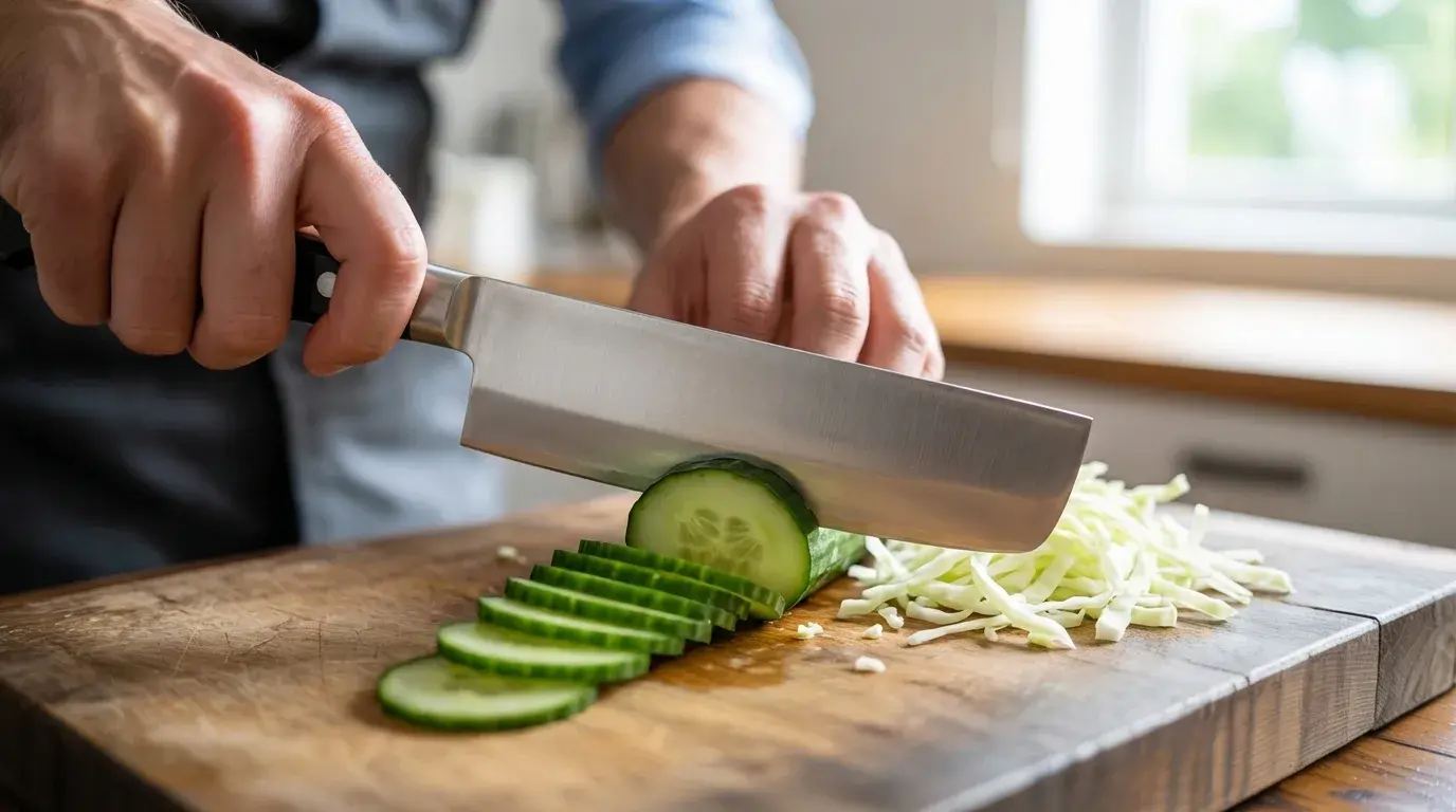 nakiri knife slicing vegetables into clean even pieces on board showing straight edge contact and efficient vegetable preparation technique (1)