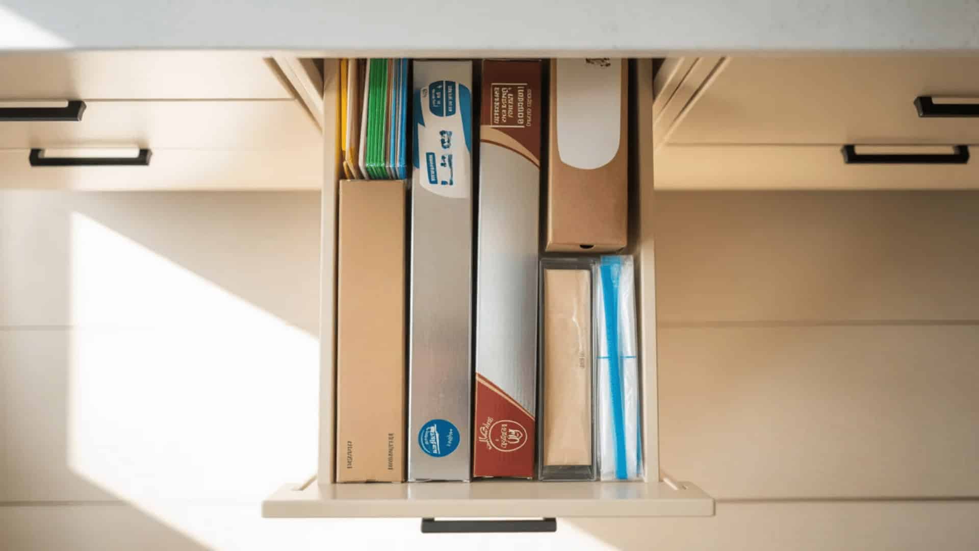 narrow kitchen drawer holding upright boxes of plastic wrap, aluminum foil, parchment paper, and zip bags labels facing out