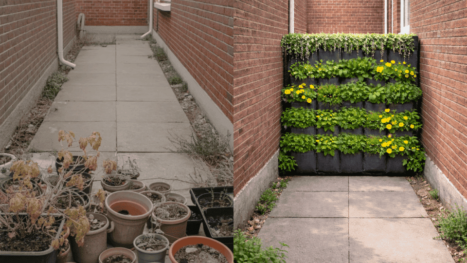 narrow patio with dying pots in disarray transformed into a lush fabric pocket planter wall with herbs and flowers