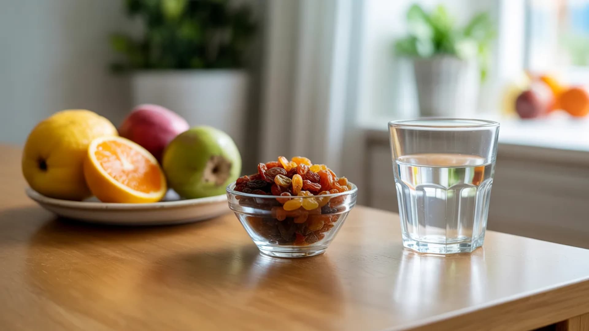 neat arrangement of raisins in a small bowl with fresh fruits and a glass of water on a wooden table, bright natural light, clean and healthy lifestyle