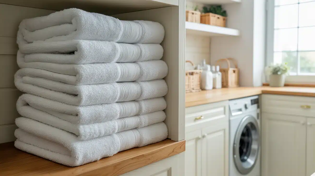 neat stack of fresh towels in the laundry room, ready for immediate use.