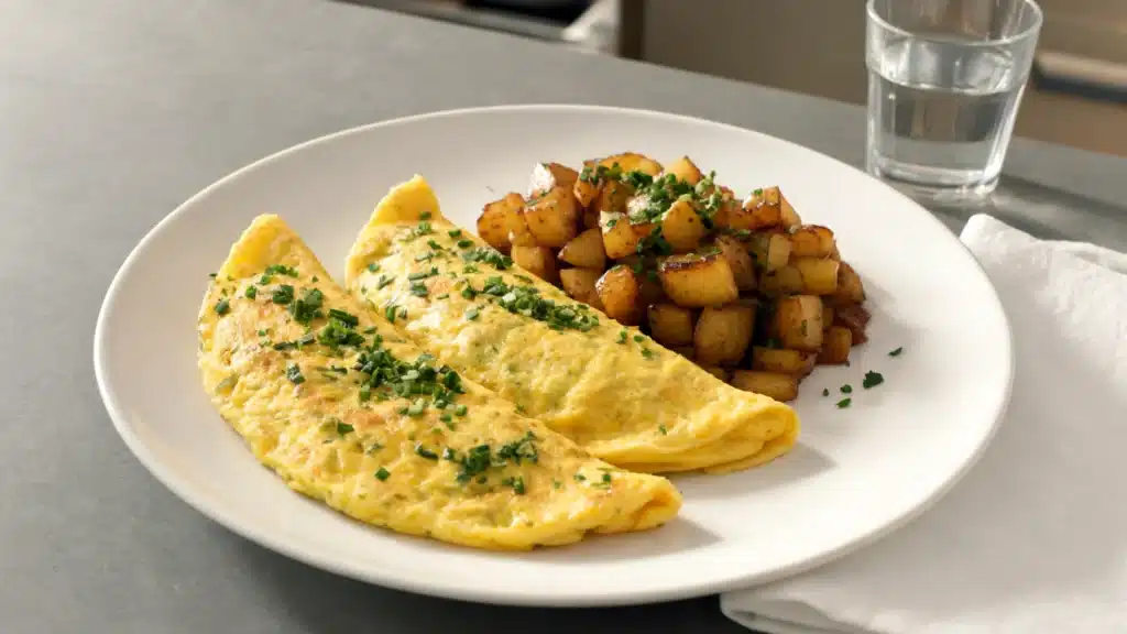 omelette served on a white plate with seasoned diced potatoes on the side and a glass of water in the background on a kitchen counter
