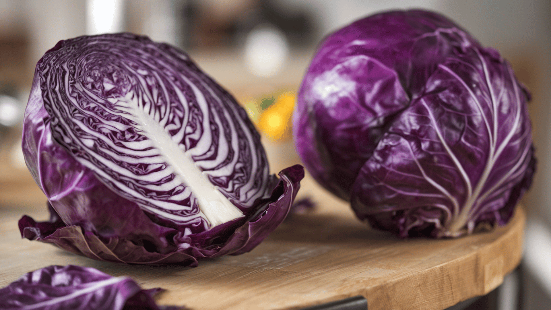 one half and one full, vibrant cabbage with a slightly sweeter and milder taste on the table.