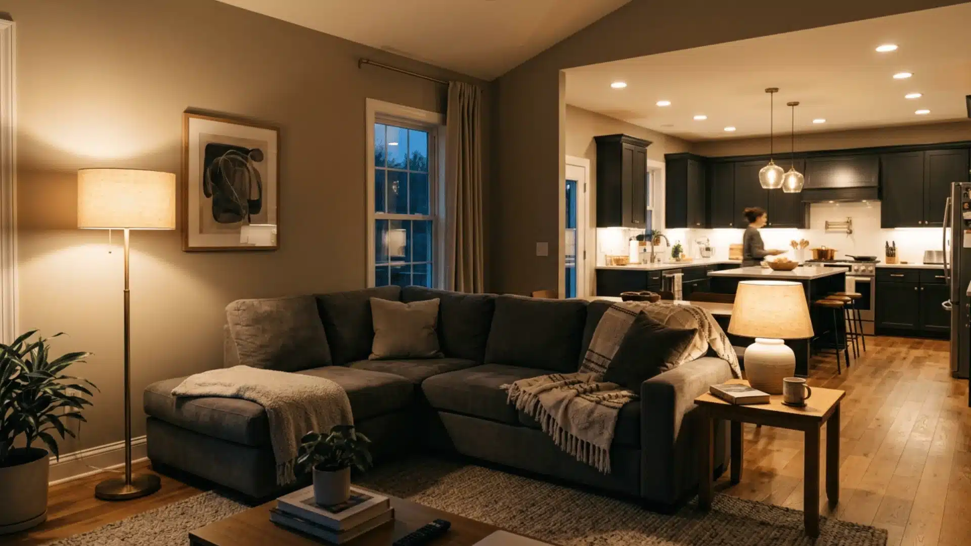 open-concept living area where layered lighting creates a warm, inviting atmosphere