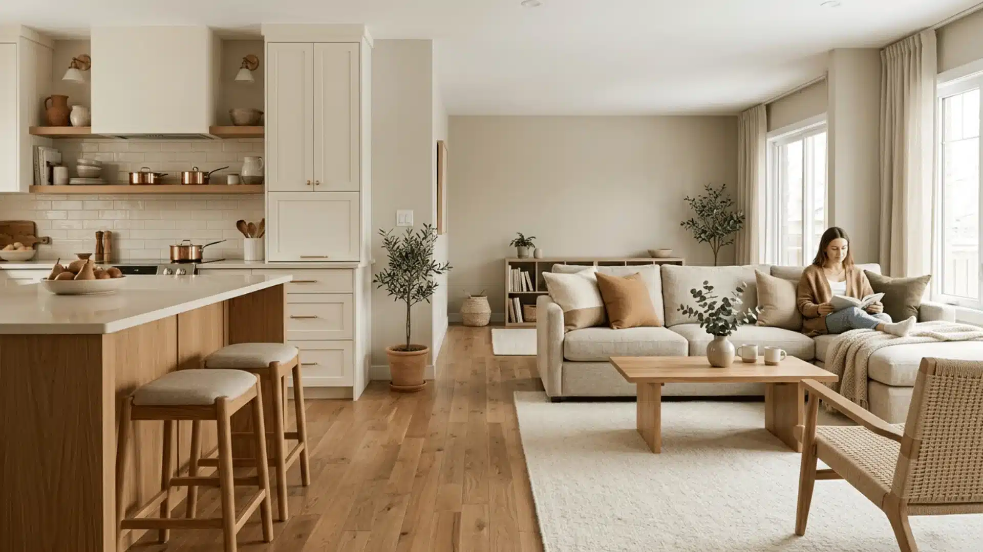 open-concept living space that demonstrates how a cohesive color palette of warm