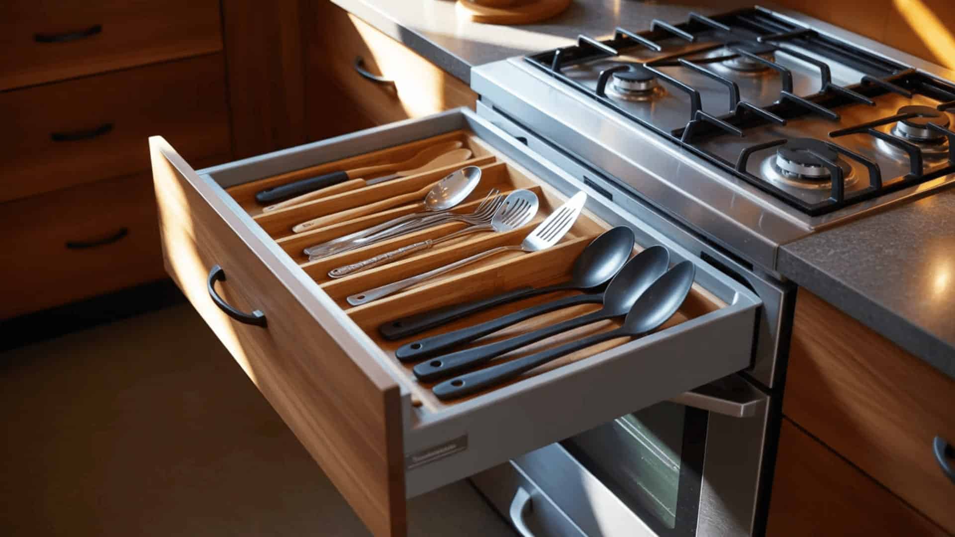 open kitchen drawer beside a stove holding ladles, spatulas, and wooden spoons neatly arranged in a bamboo organizer tray