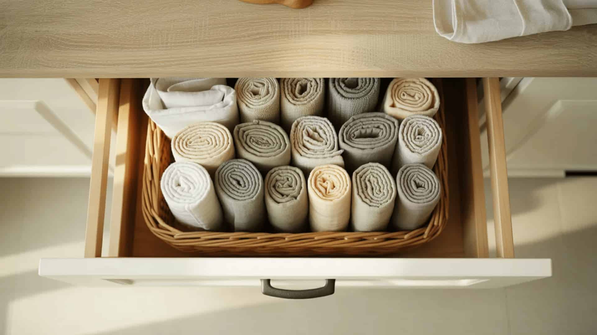 open kitchen drawer with shallow wicker basket holding vertically rolled dish towels visible and neatly arranged from above