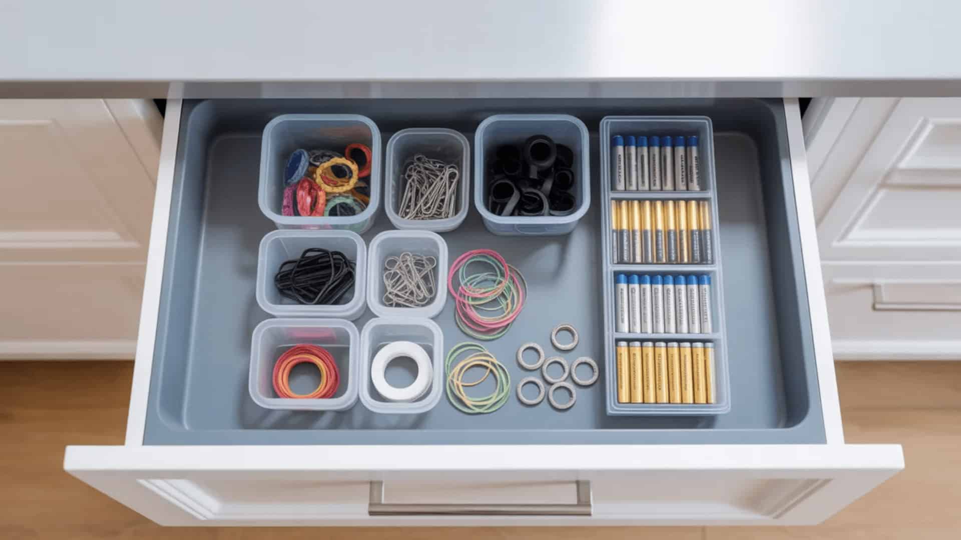 open kitchen drawer with small clear containers holding sorted loose items like twist ties, bag clips, and batteriestop-down view of three open kitchen drawers each holding sorted cooking tools se