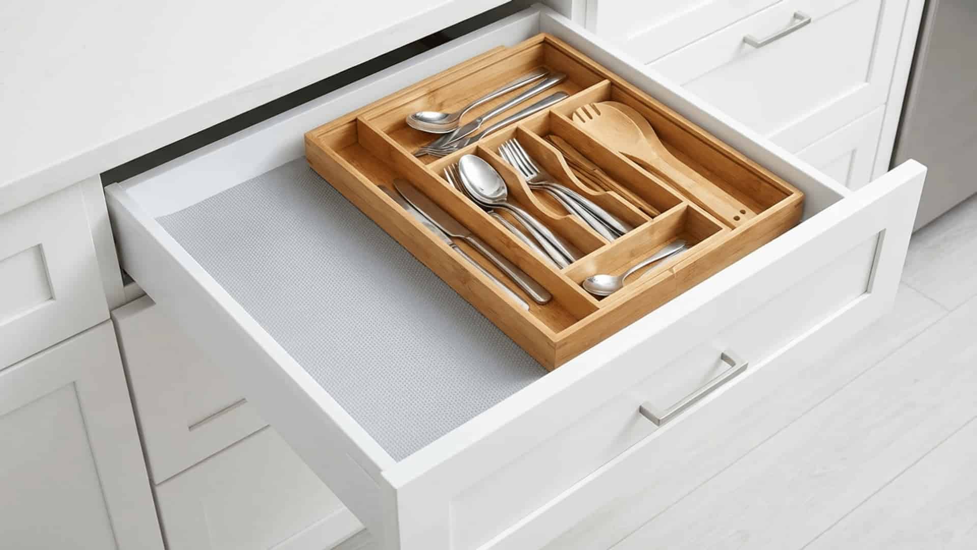 open kitchen drawer with textured grey non-slip rubber liner covering the base and a utensil organizer tray placed on top