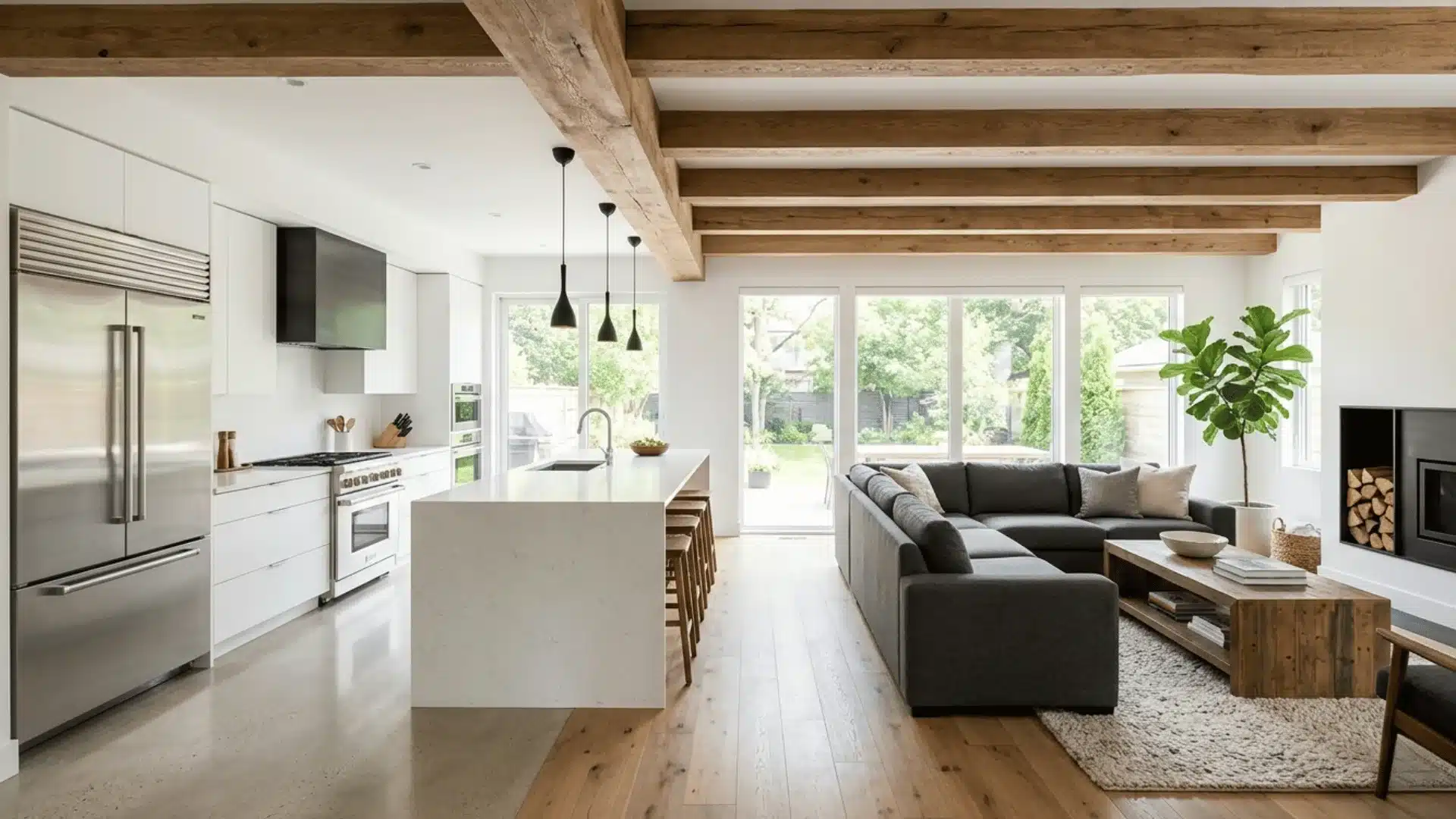 open kitchen in white color with a view of living room with black sofa in it