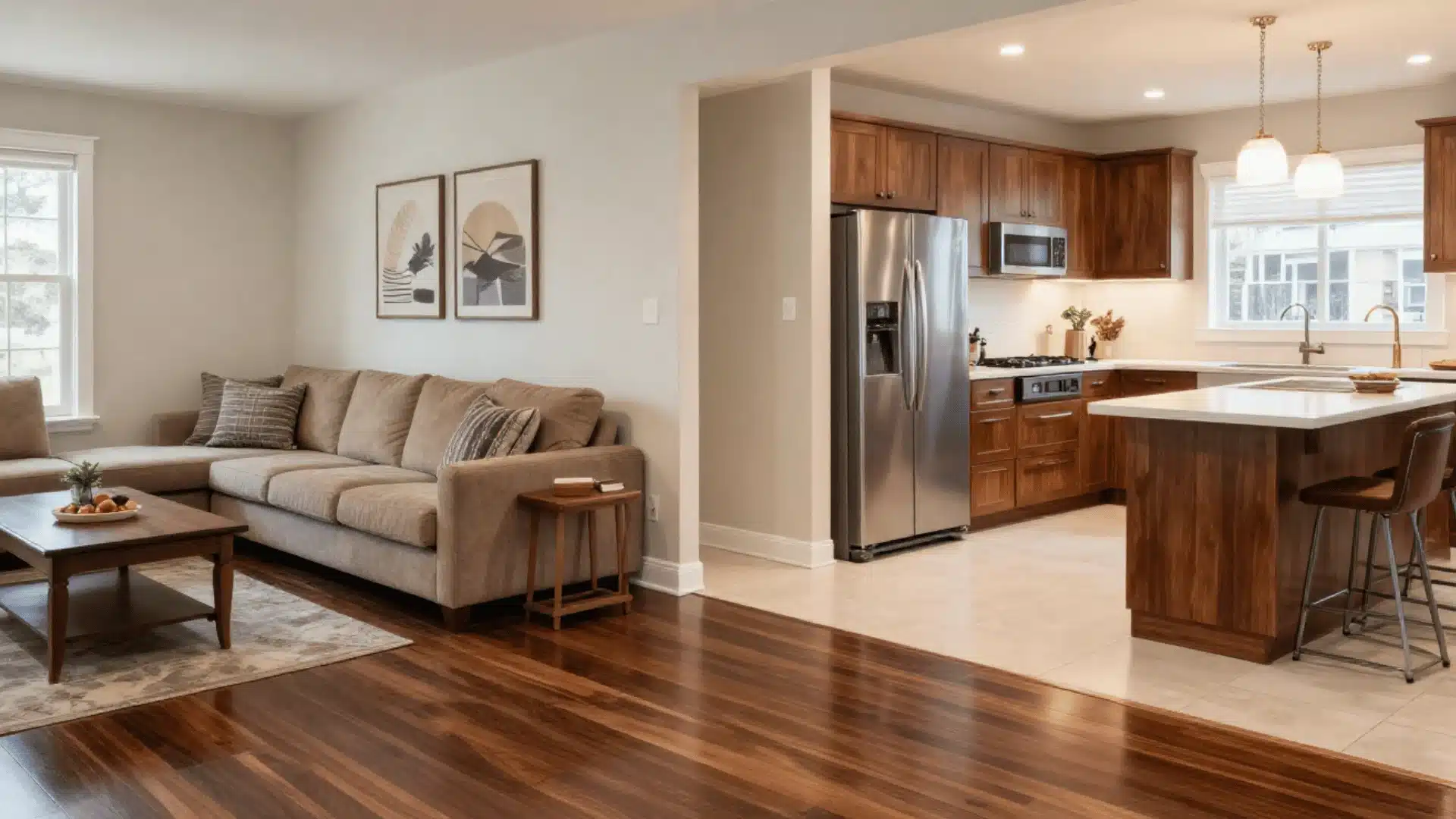 open-plan living and kitchen, two-tone flooring dark hardwood living, light ceramic tile kitchen, clear zone transition