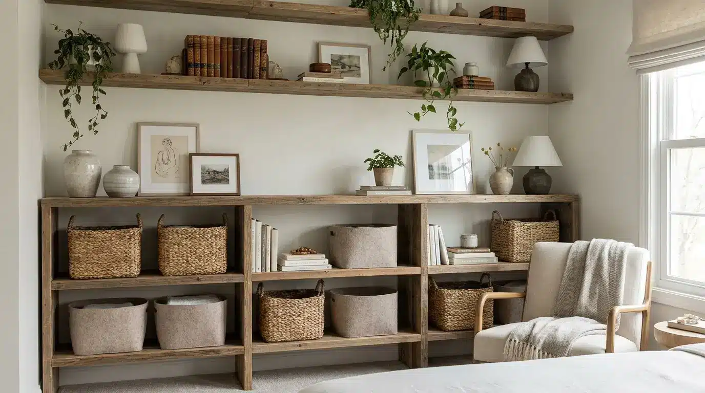 open shelves with baskets books and decor creating organized visible storage