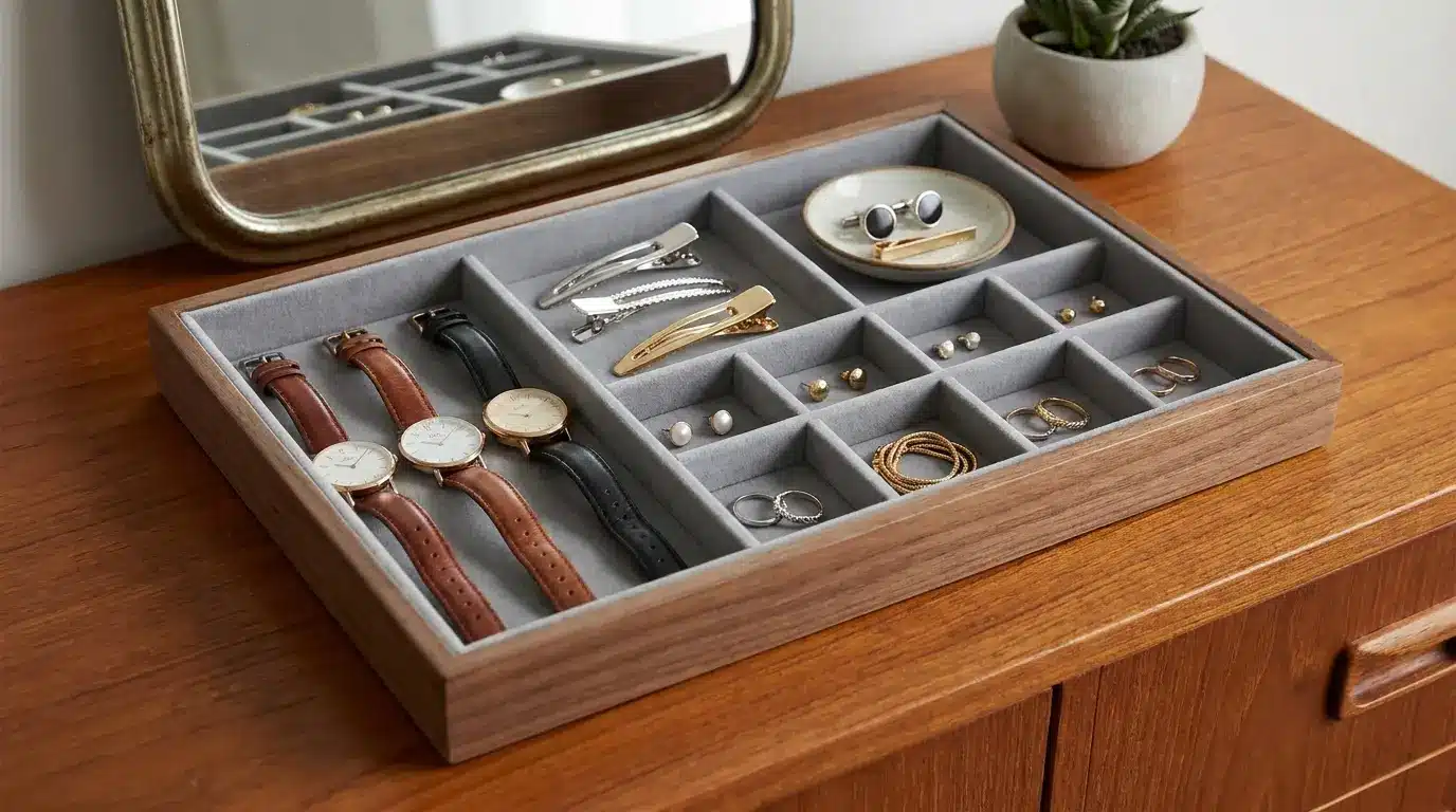 organized accessory tray holding jewelry watches clips and small personal items