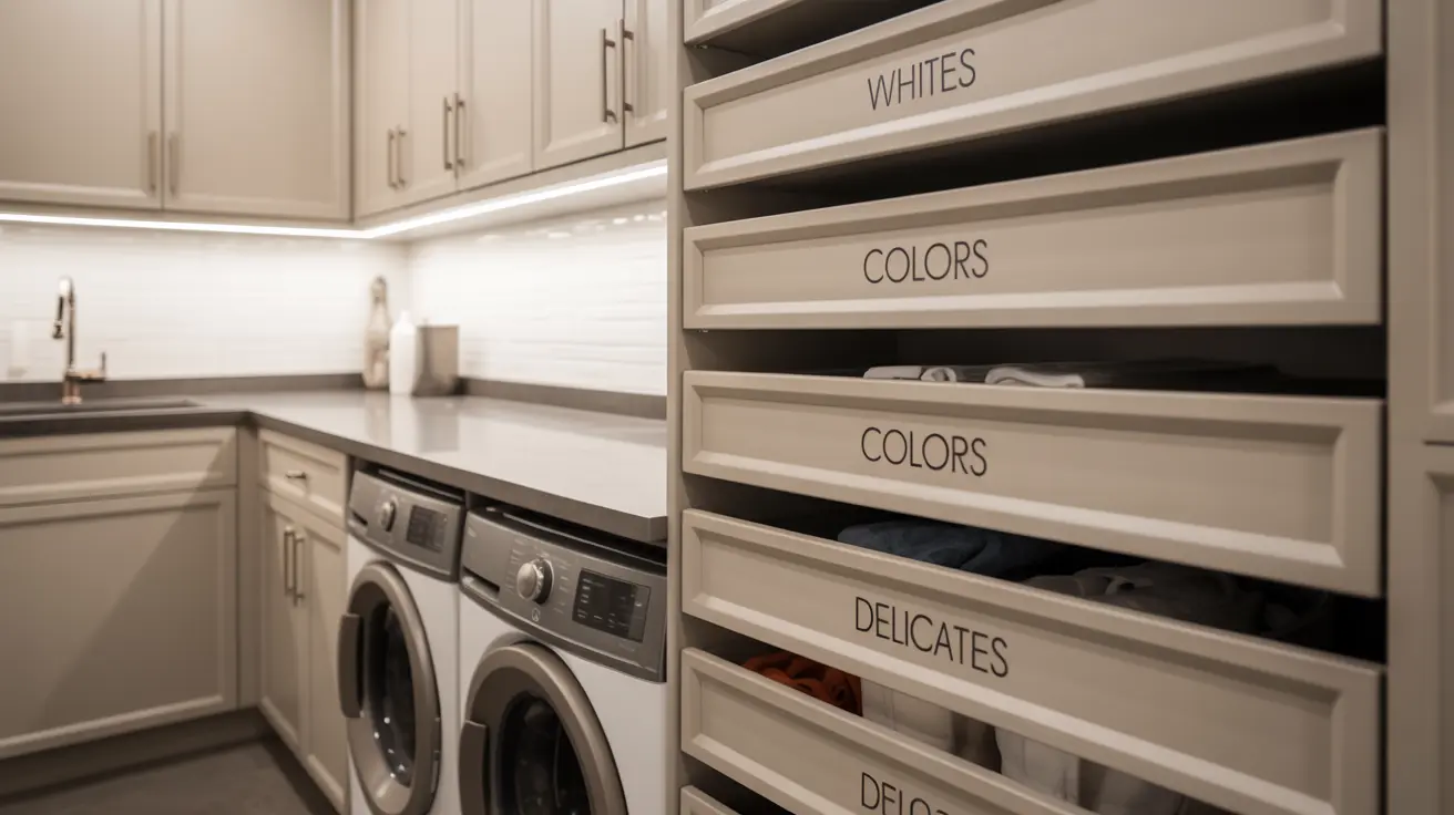 organized drawers in a laundry room for sorting laundry by category, making it easy to keep the space tidy.