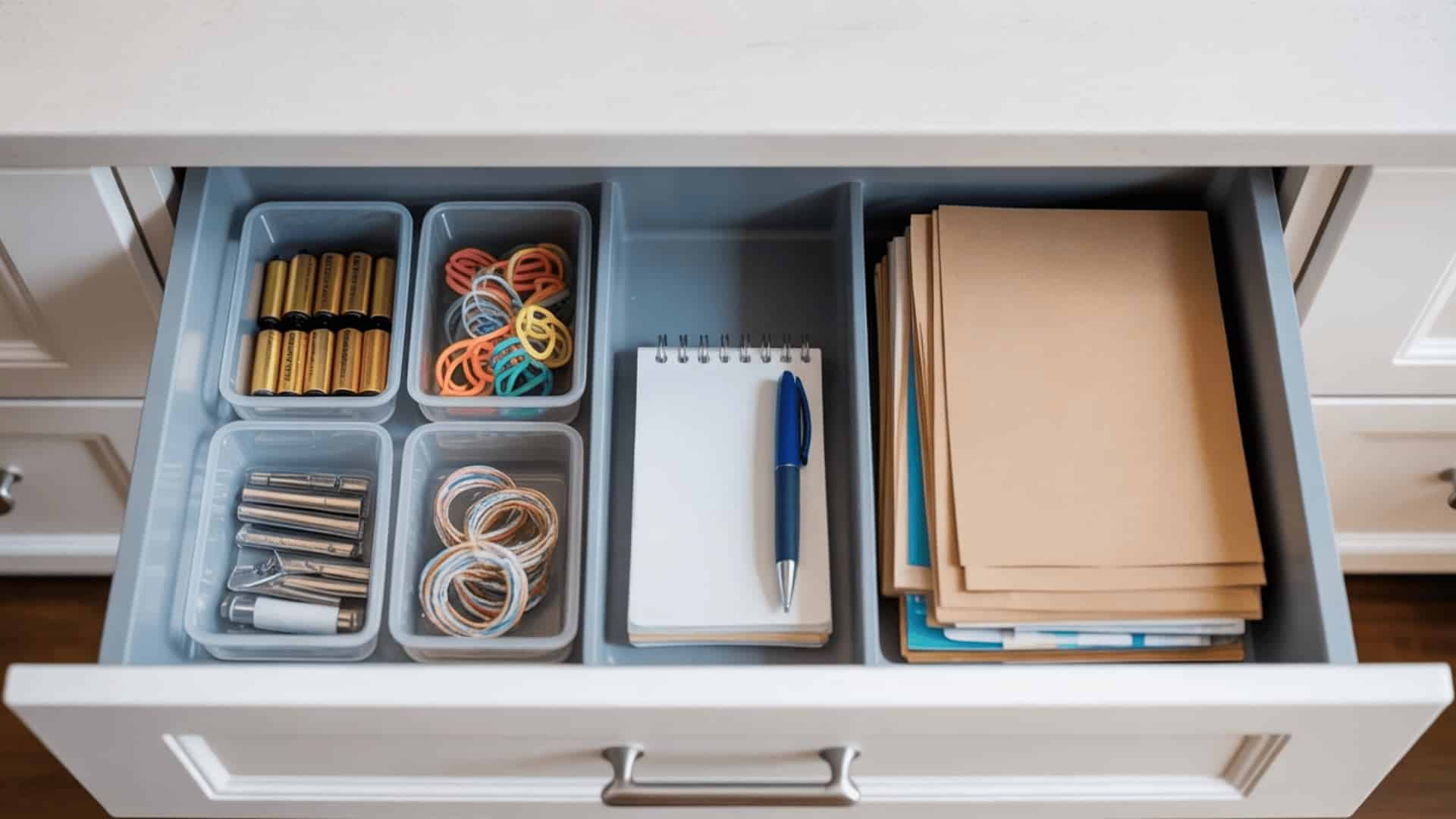 organized kitchen junk drawer with small labeled bins holding batteries, twist ties, notepad, and takeout menus in sections