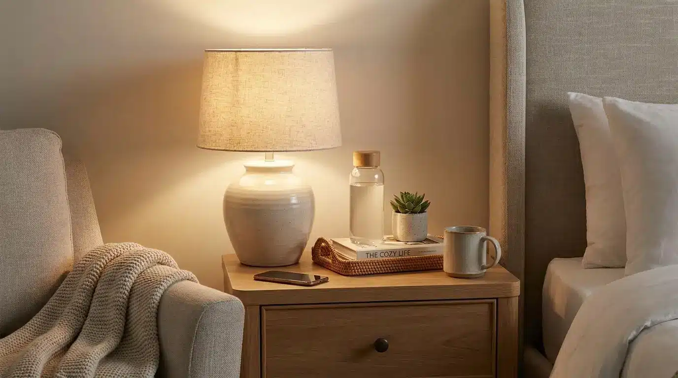 organized nightstand with lamp book water bottle and tray beside a neatly made bed
