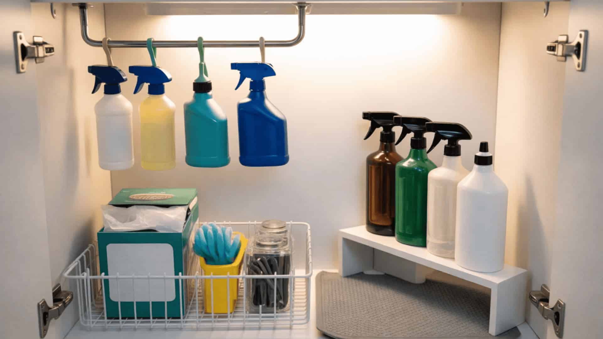 organized under-sink cabinet with tension rod holding spray bottles, wire shelf, clear bins, and cleaning supplies on grey liner (1)