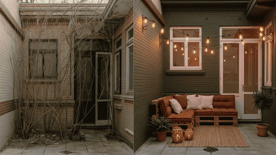 overgrown neglected compact patio transformed into a warm evening lounge with string lights and terracotta cushions