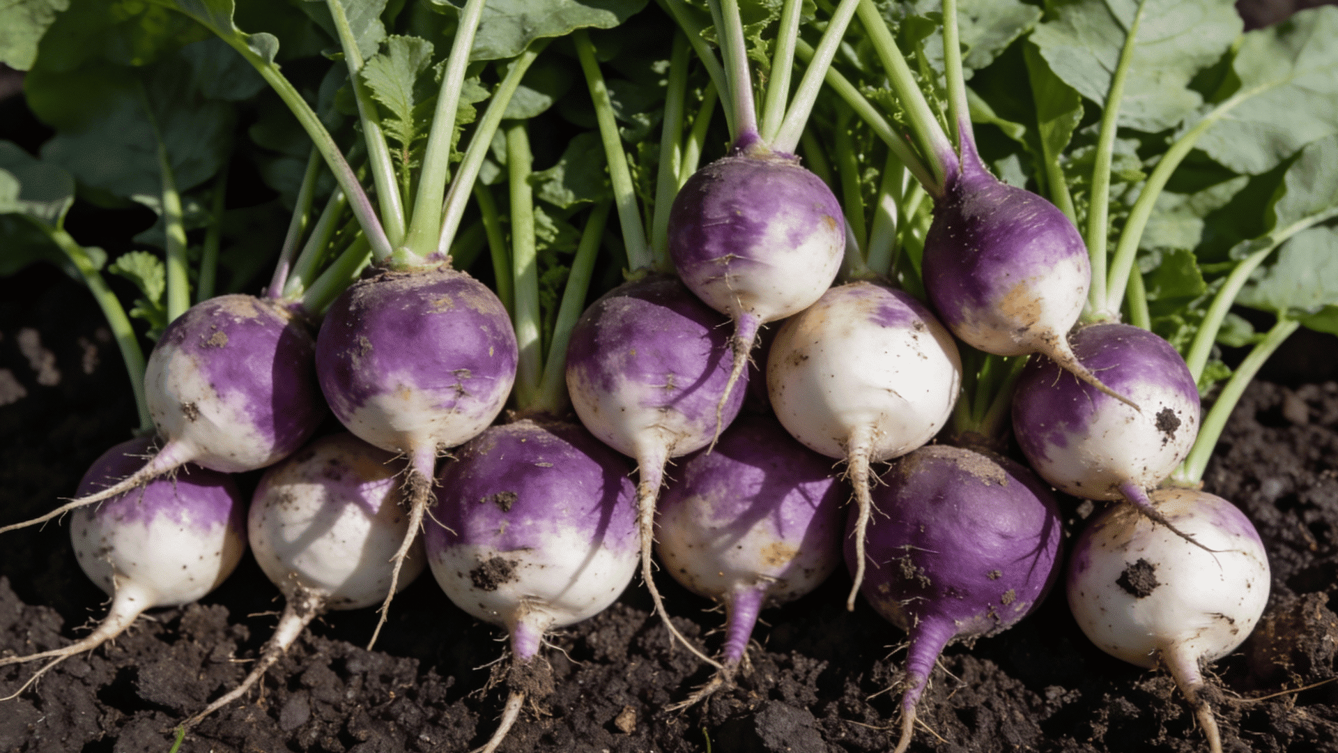 overhead shot captures a pile of fresh turnips with their green tops still attached, resting on dark soil