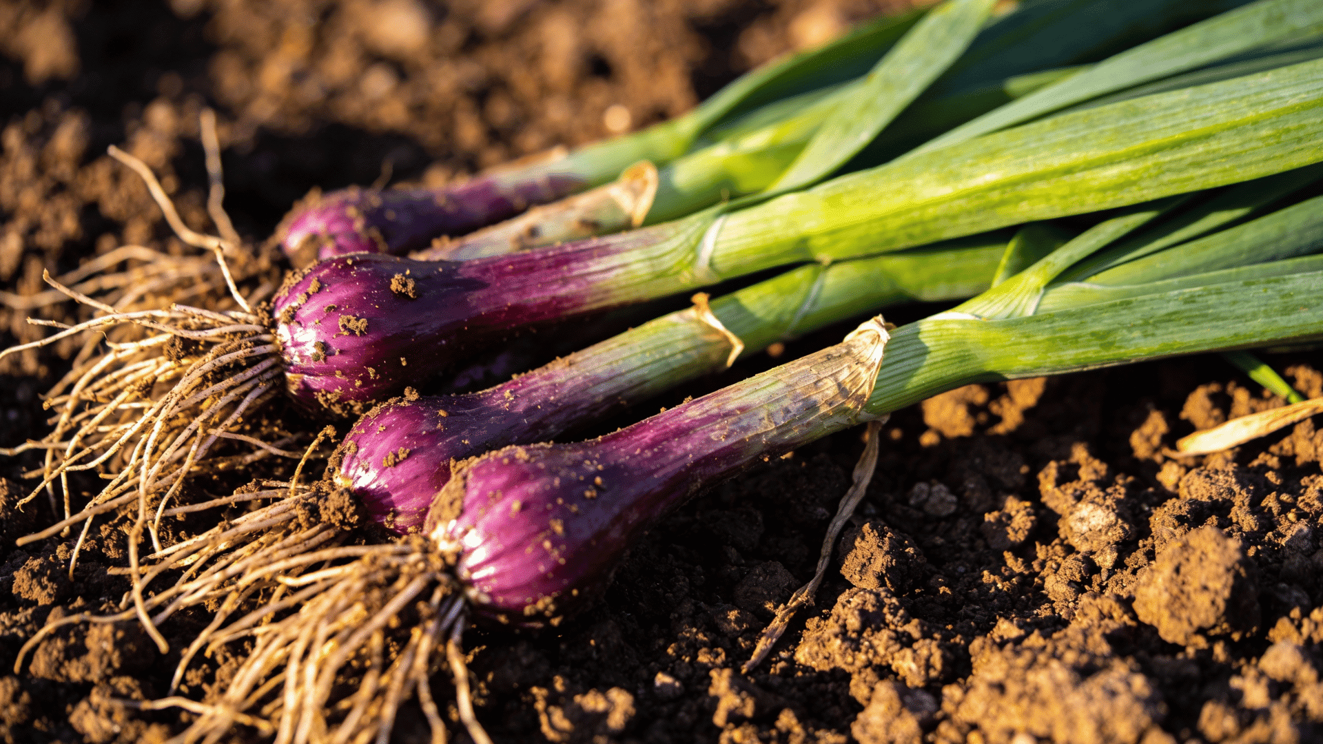 overhead shot shows a row of freshly harvested purple onions with their roots still attached, resting on dark, rich soil