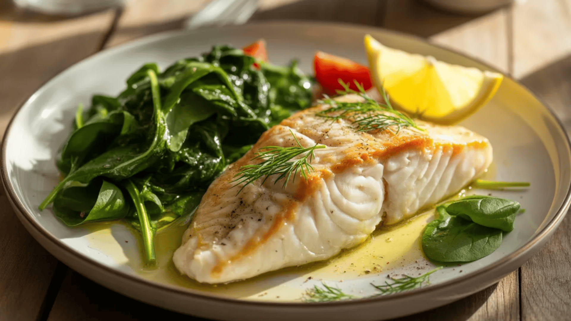 pan-seared white fish with dill, spinach salad, cherry tomato, and lemon wedge on a white plate