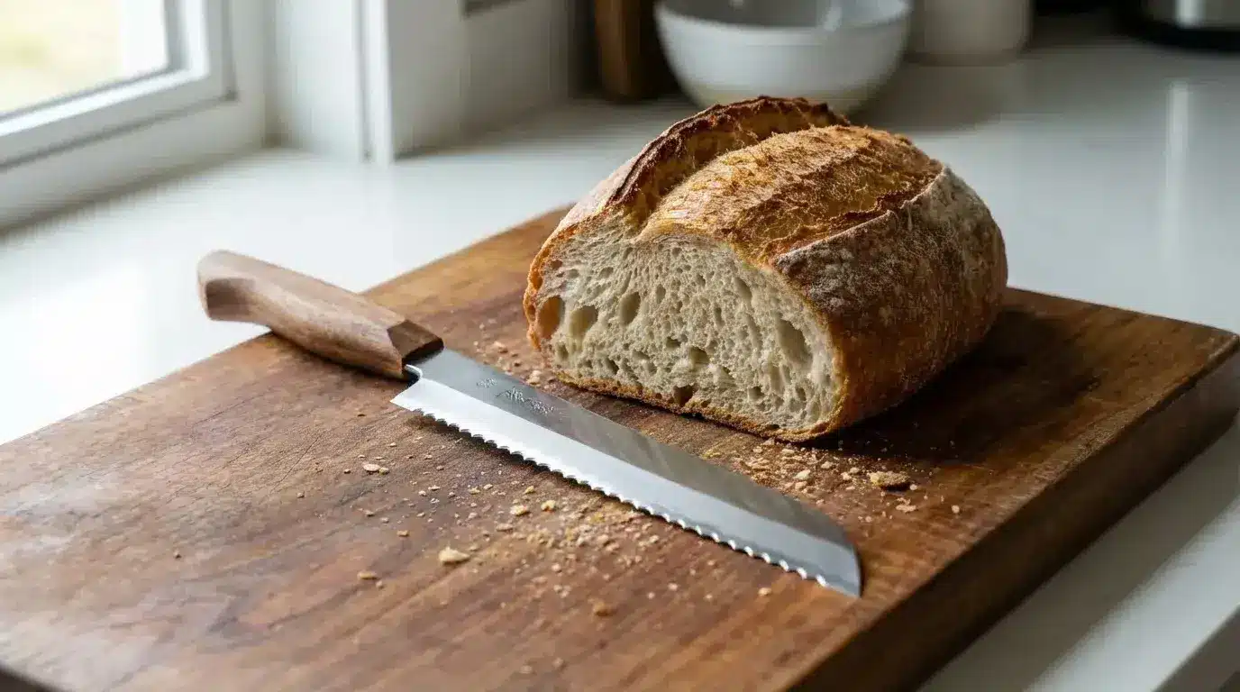 pankiri knife on wooden board with sliced bread and crumbs, showing serrated edge used for cutting soft baked items (1)