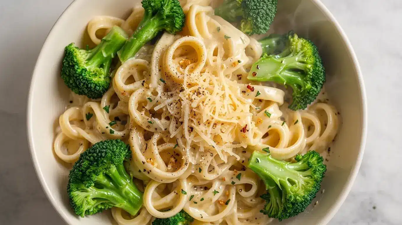 pasta salad with al dente pasta, fresh broccoli, a sprinkle of cheddar, and a light drizzle of olive oil on a clean plate (1)