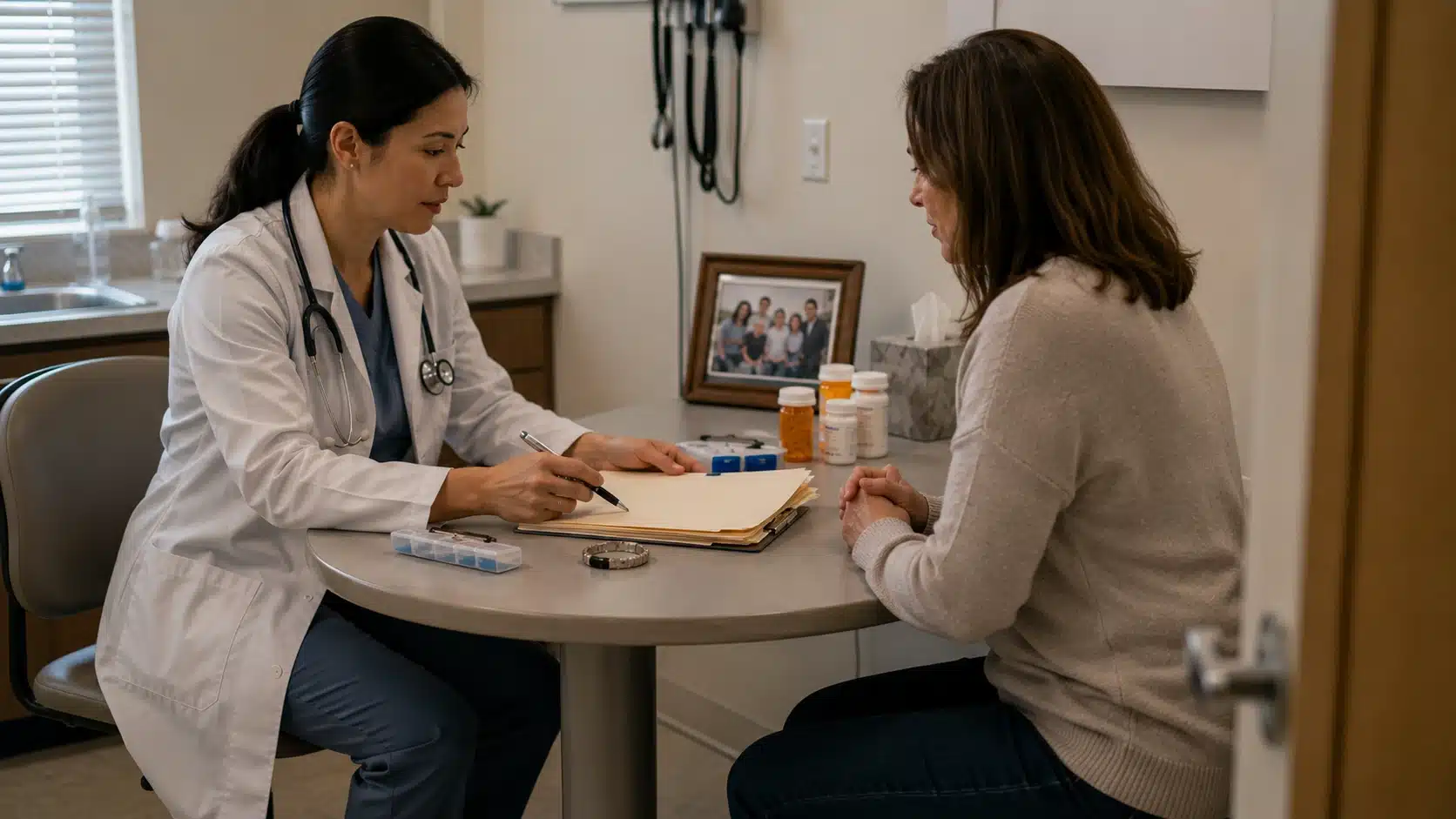 patient and clinician reviewing health history forms with medications in a quiet clinic office