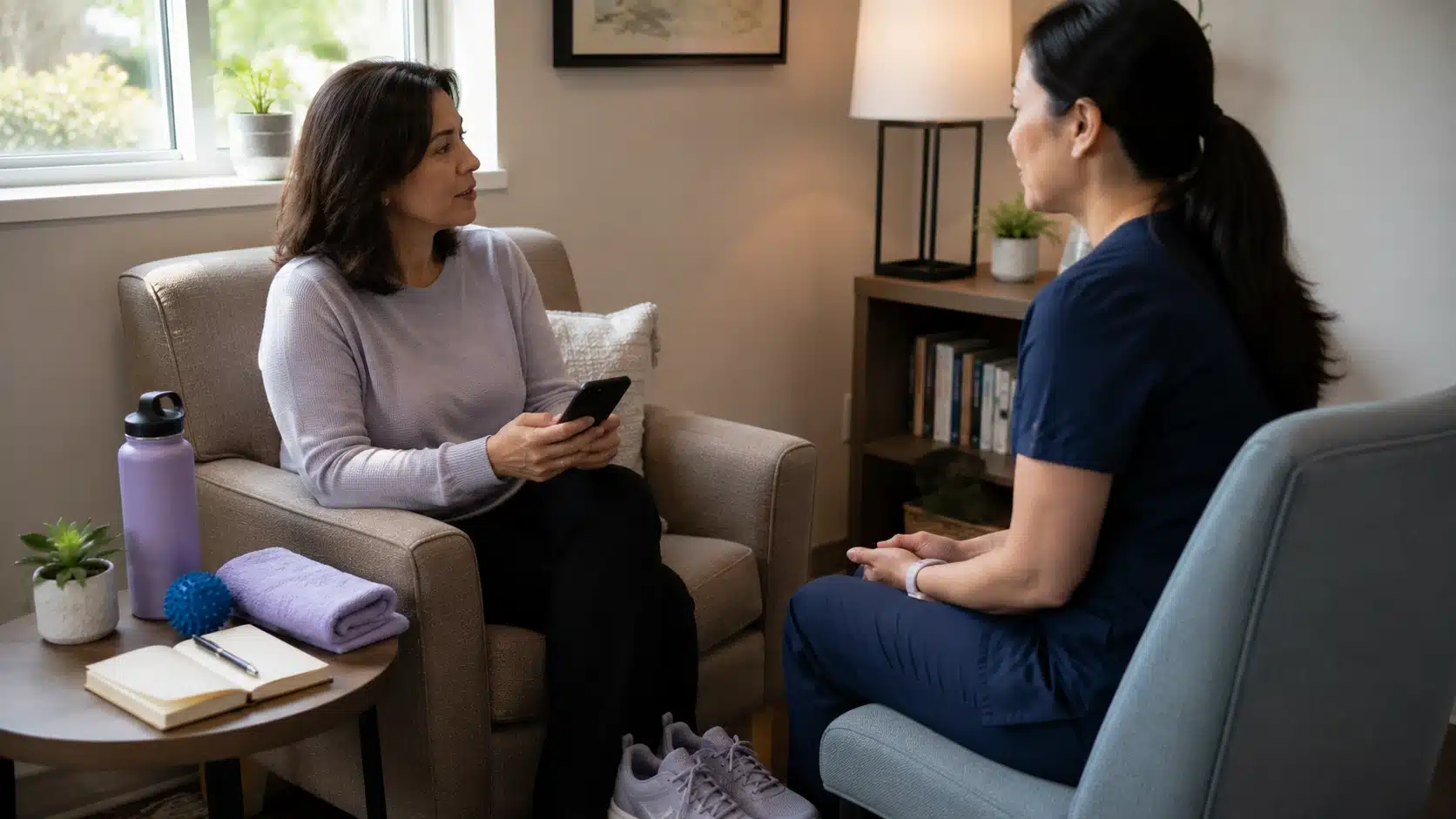 patient discussing sleep stress and daily habits with clinician in a private wellness room