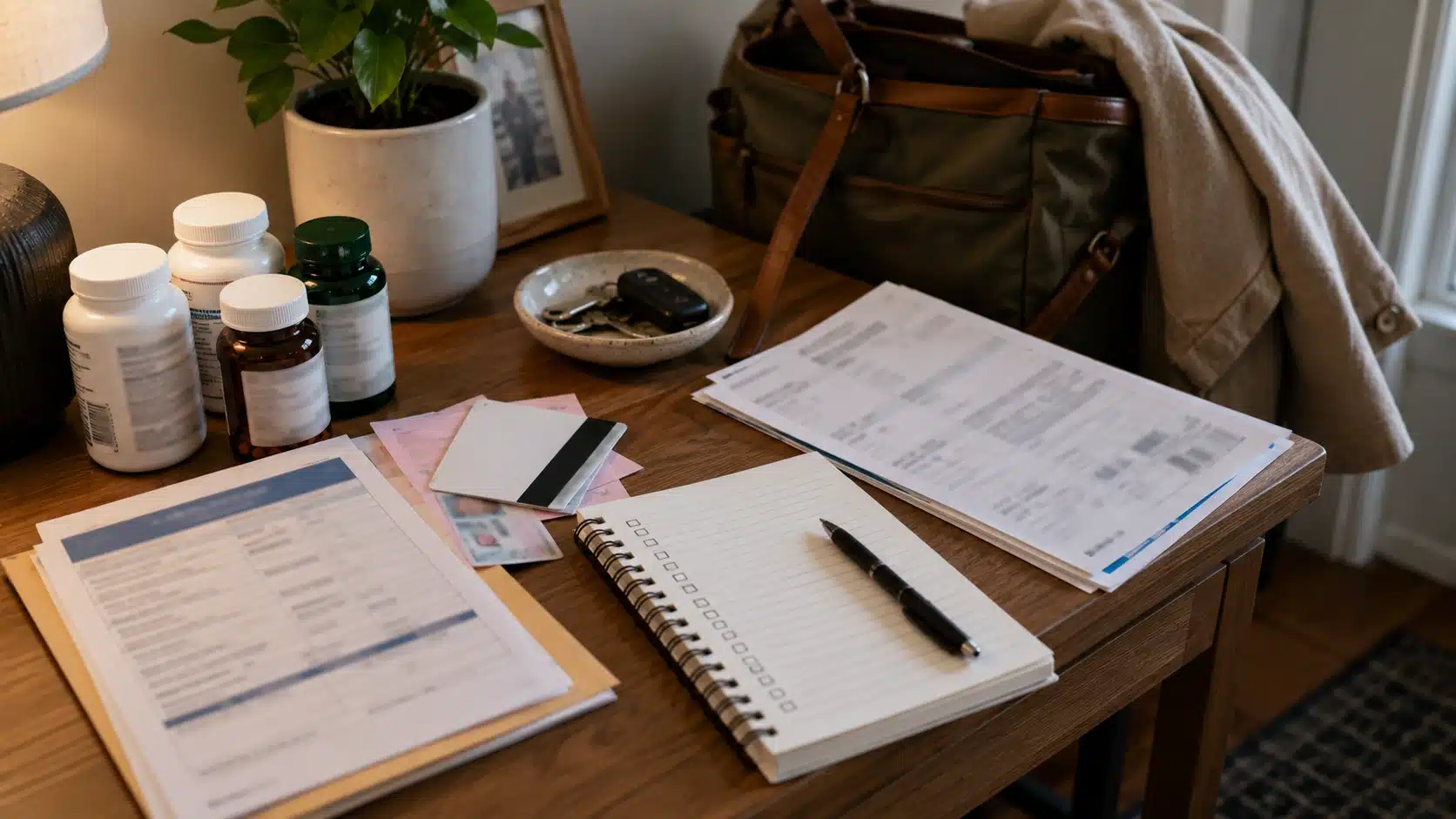 patient organizing records, medications, and insurance items before a wellness check appointment