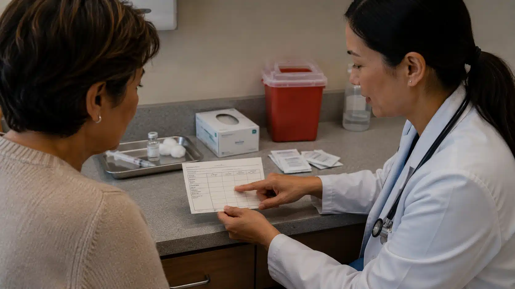 patient reviewing vaccine records with clinician near a clinic counter during a wellness visit