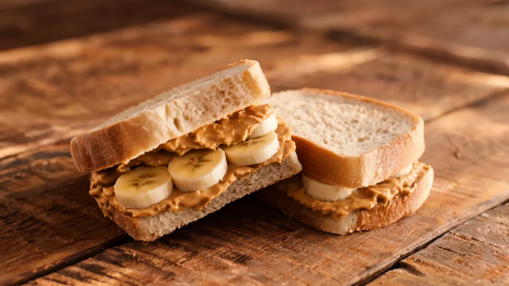 peanut butter banana sandwich on bread with creamy peanut butter and banana slices in warm natural light breakfast style