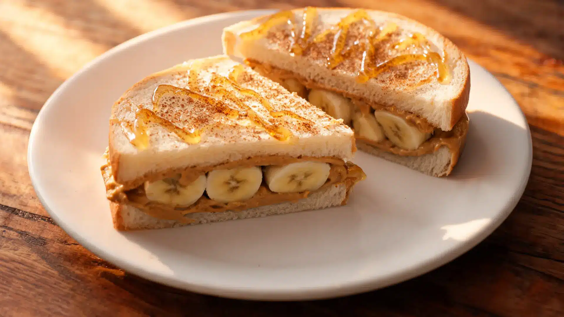 peanut butter banana sandwich with honey drizzle and cinnamon on top in warm breakfast setting