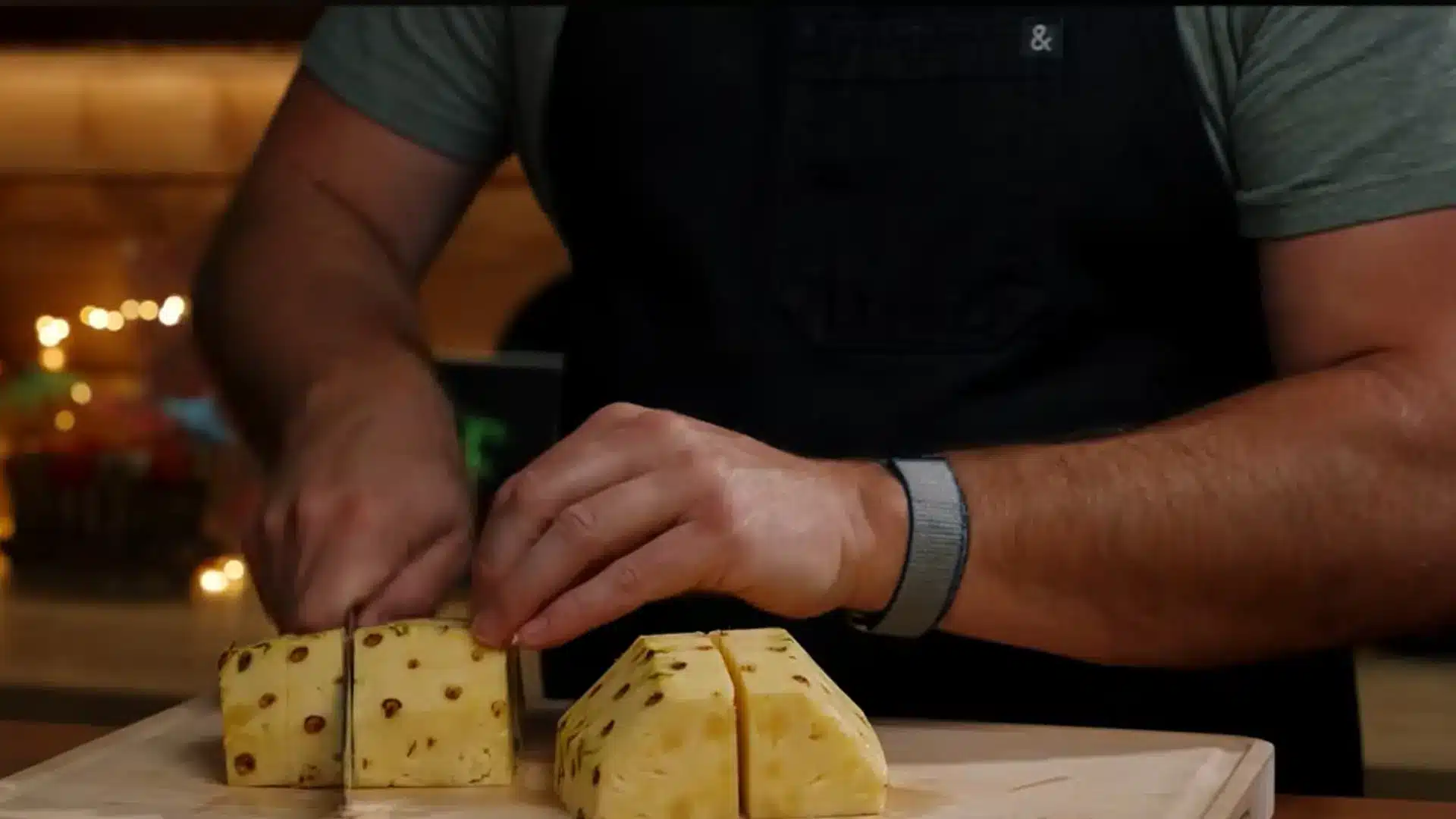 peeled pineapple sliced into small chunks with core separated for easy blending into juice
