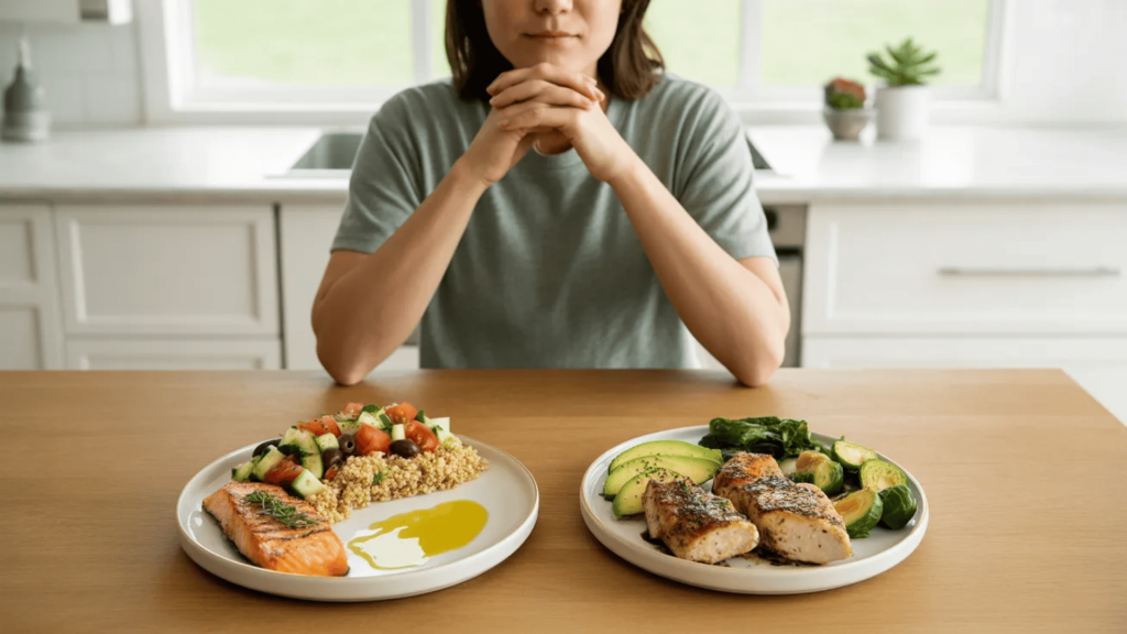 person comparing two meal choices, showing mediterranean balanced plate versus keto low-carb, high-protein meal option.
