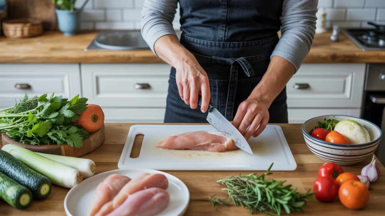 person preparing a fresh low-histamine meal with vegetables and chicken in the kitchen