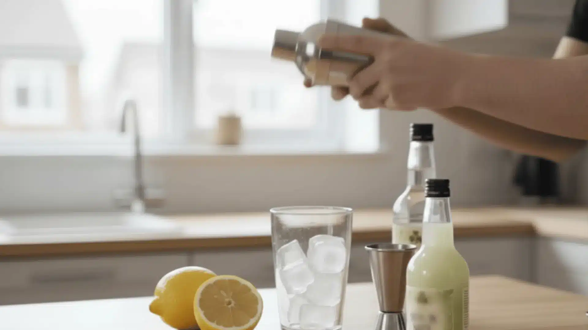 person shaking cocktail shaker preparing green tea shot with lemon citrus bottles ice cubes glass and bar tools kitchen counter