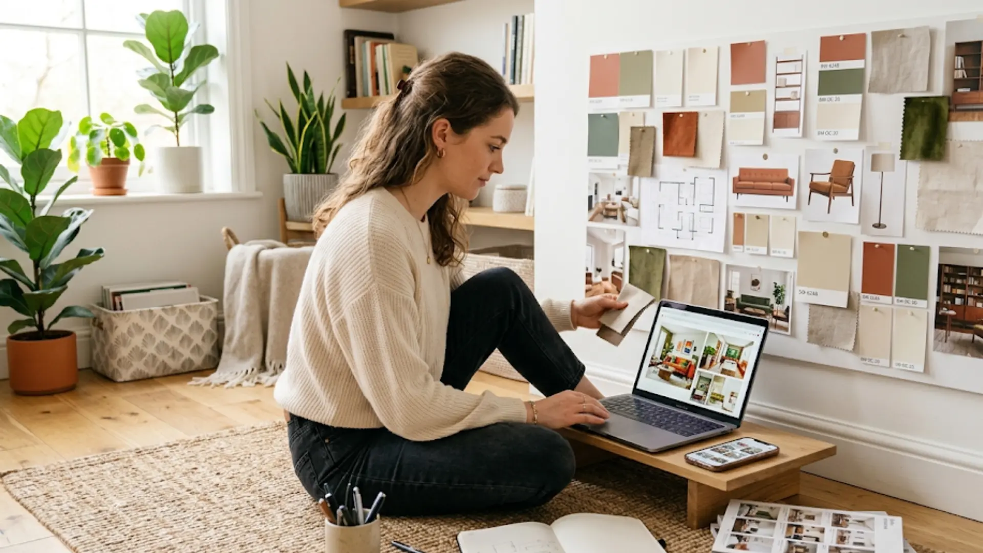 Person sitting on floor with laptop and phone, looking at room design ideas, mood board with color samples and furniture images, bright room, creative planning scene