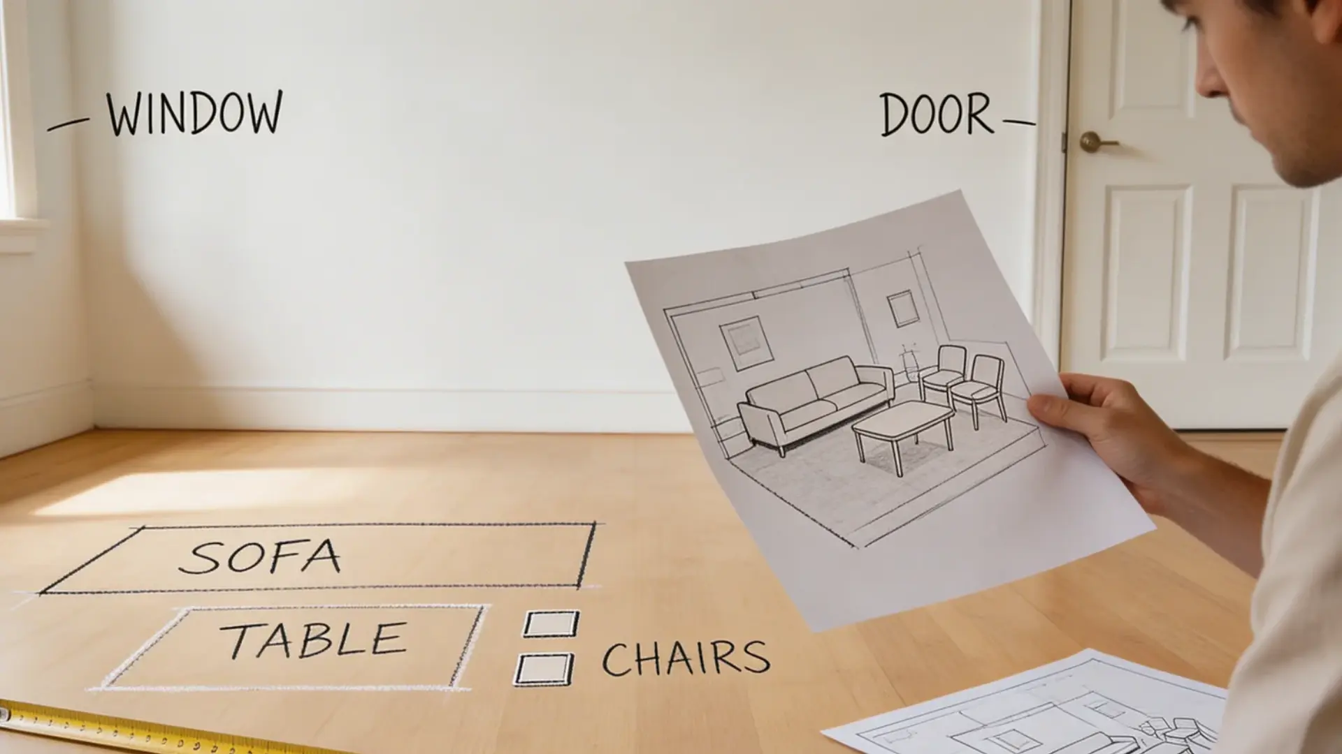 person standing in a room, using a measuring tape to mark the space while planning the layout