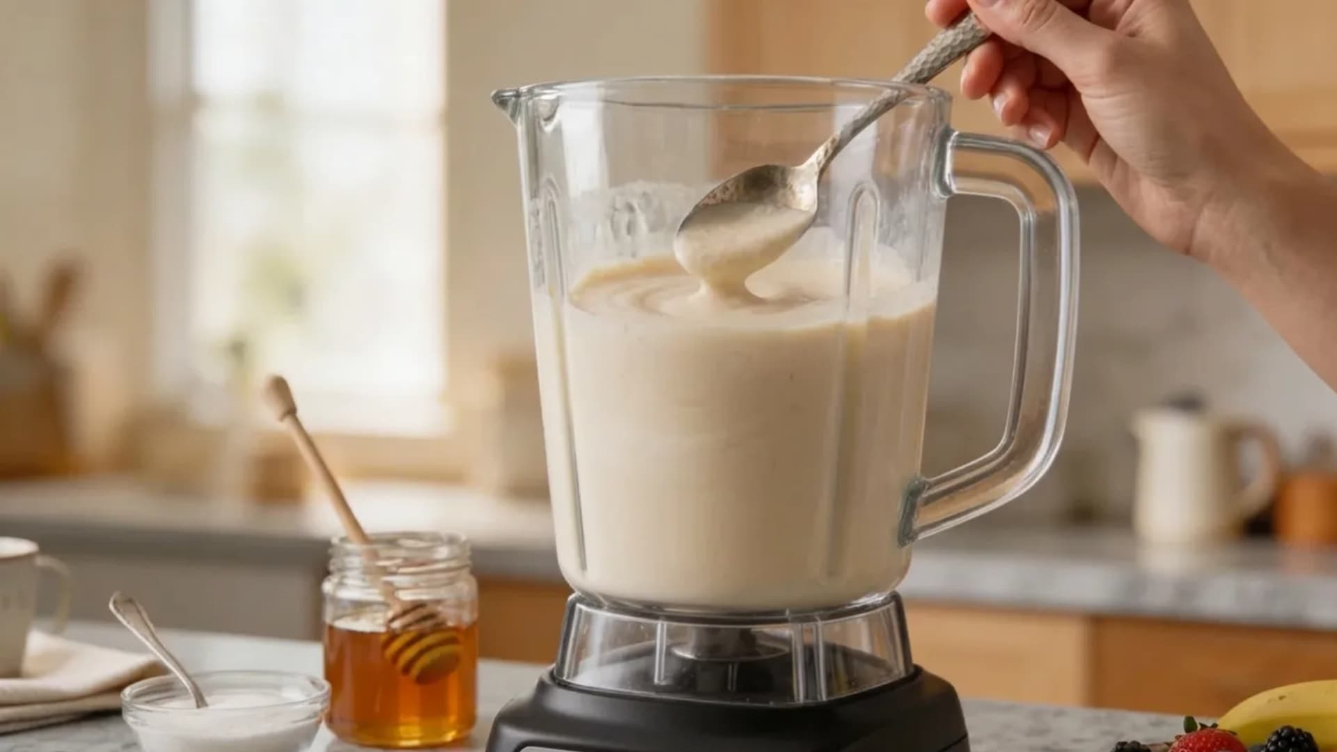 person tasting the milkshake with a spoon beside the blender and kitchen setting is calm with ingredients like sugar or honey on the counter