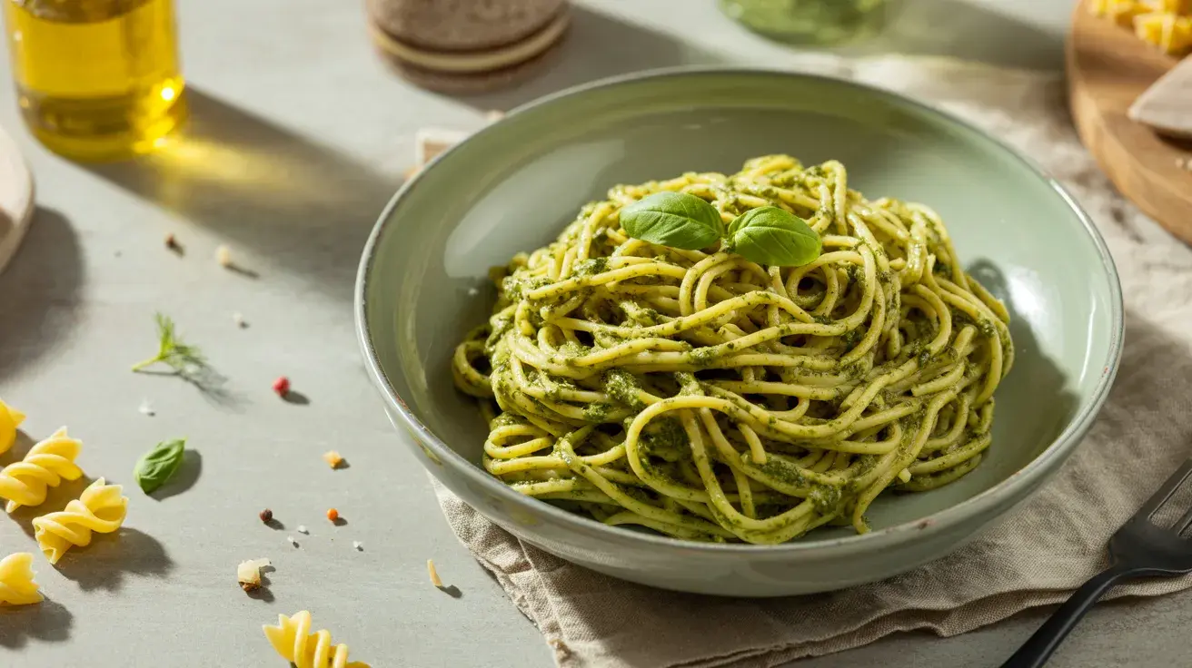 pesto chickpea pasta centered on wooden table in natural light showing easy meal prep lunch (1)