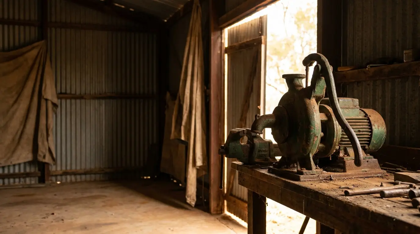 Rusty industrial machine on wooden table inside dimly lit corrugated metal shed