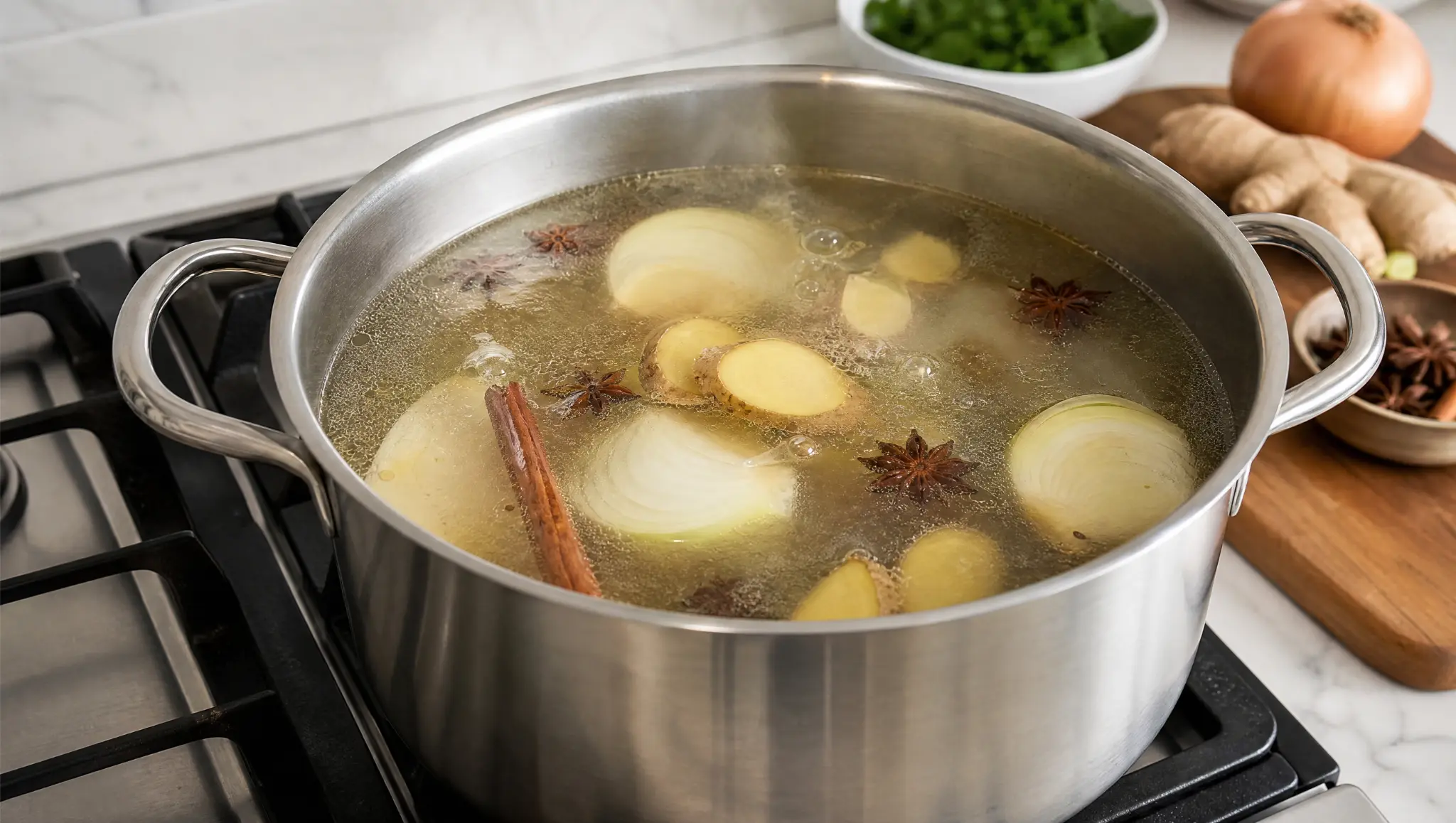 pho broth simmering in pot