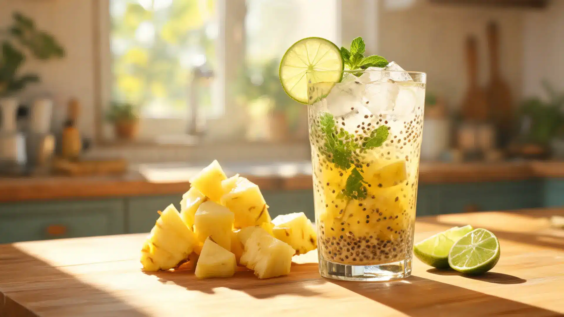 pineapple chia fresca with chia seeds, pineapple, lime, mint, and ice on a sunny kitchen counter