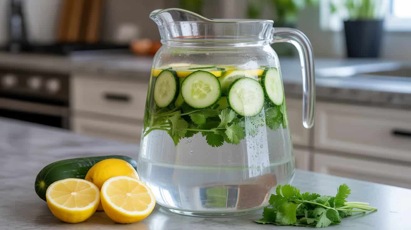 pitcher of cucumber and cilantro detox water with slices of cucumber and lemon