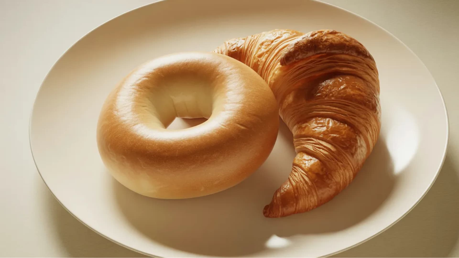 plain bagel and a buttery croissant placed side by side on a plate, visible flaky layers on croissant