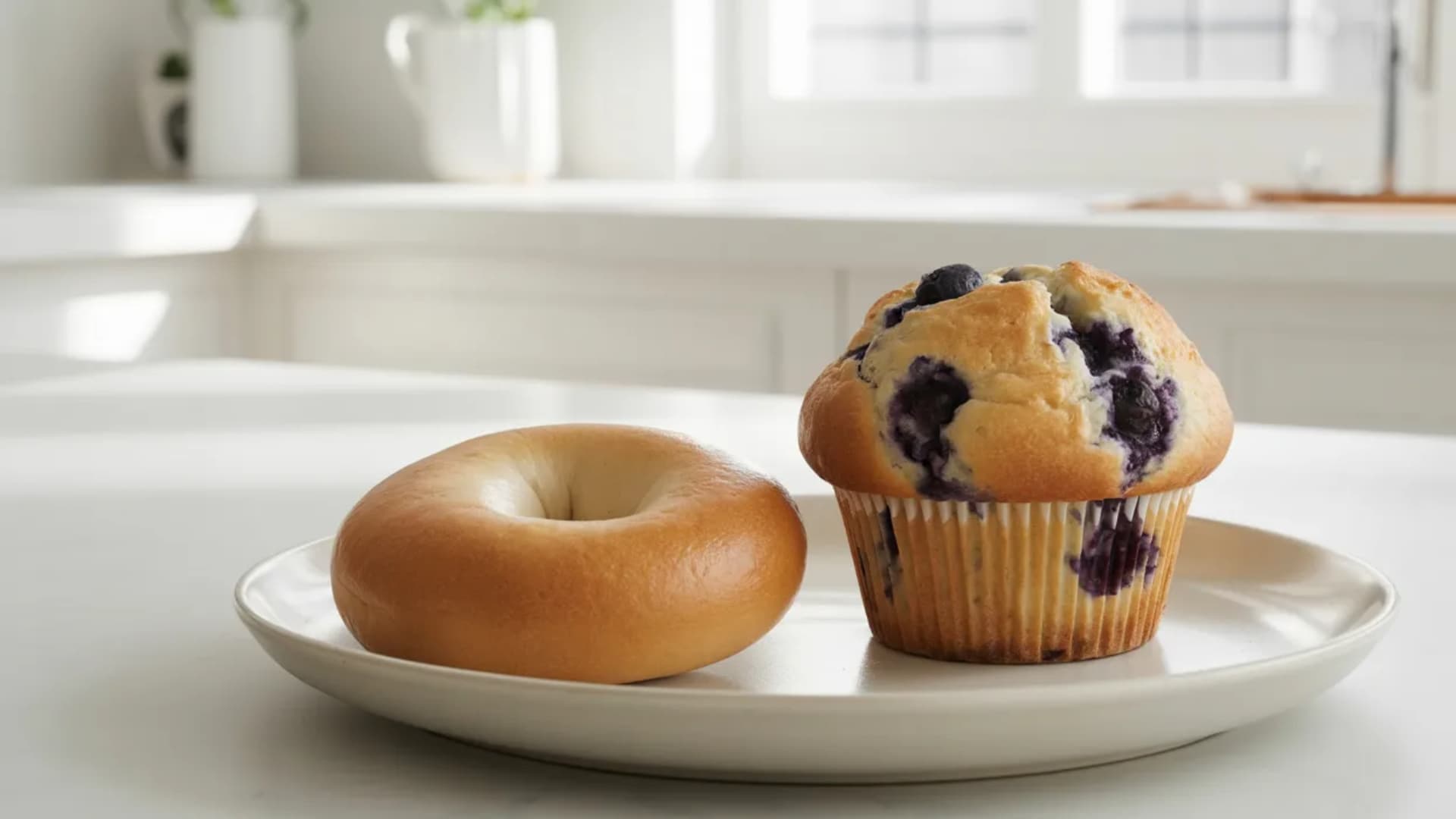 plain bagel next to a blueberry muffin, clear contrast in texture and size, placed on a simple plate