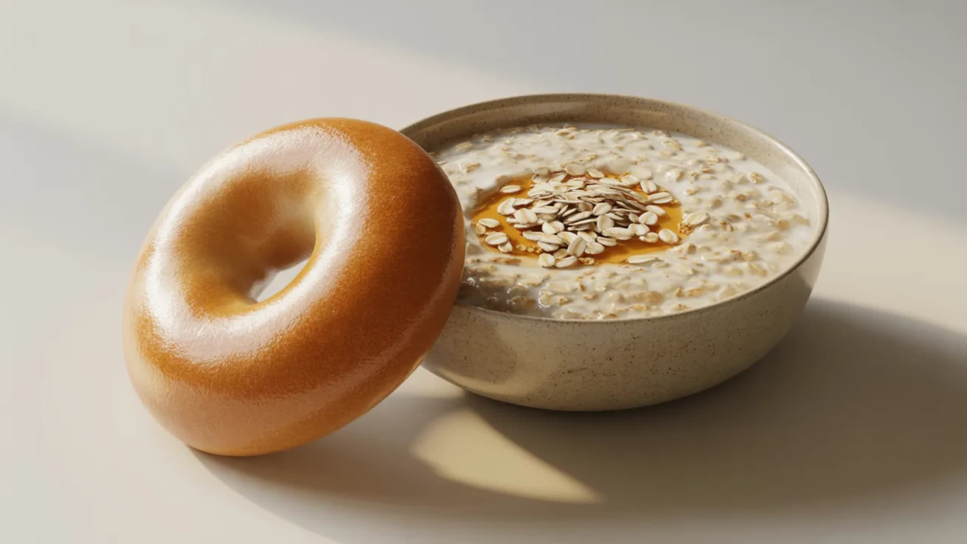 plain bagel next to a bowl of oatmeal with simple toppings like oats and light garnish, balanced composition