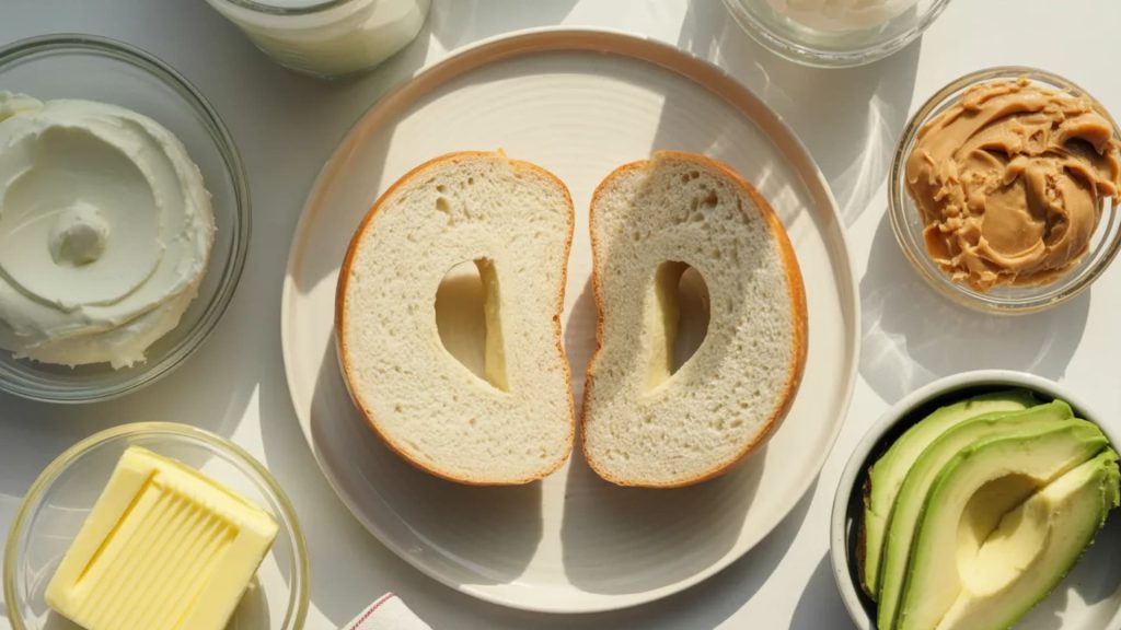 plain top-down view of a plain bagel sliced in half on a clean plate, surrounded by small portions of toppings like cream cheese, butter, peanut butter, and next to a bowl of oatmeal with simple t