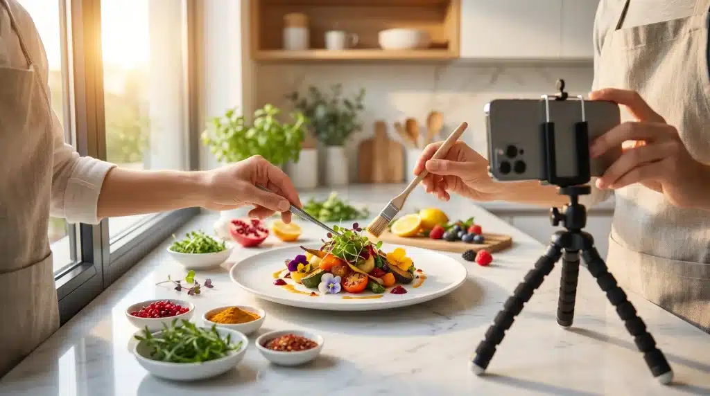 Hands plating colorful dish with edible flowers and fresh ingredients in bright kitchen setup